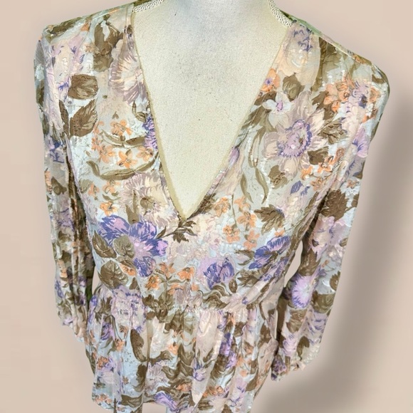 Rebecca Taylor ‘Penelope’ Purple Floral Print Top with Gathered Waist Size 4 - Picture 6 of 16